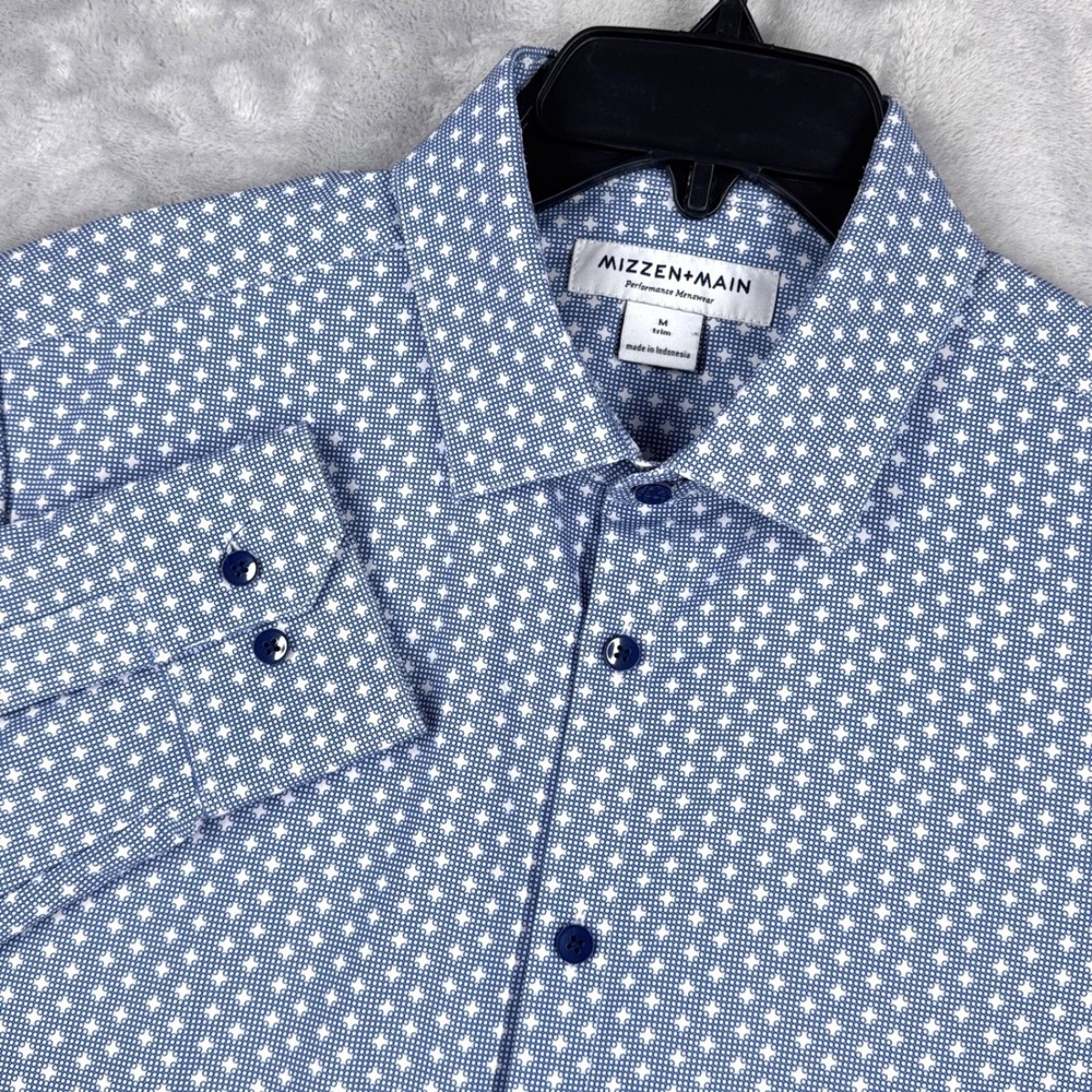 MIZZEN+MAIN Leeward Performance Button Down Shirt Mens M Trim Blue Geometric
